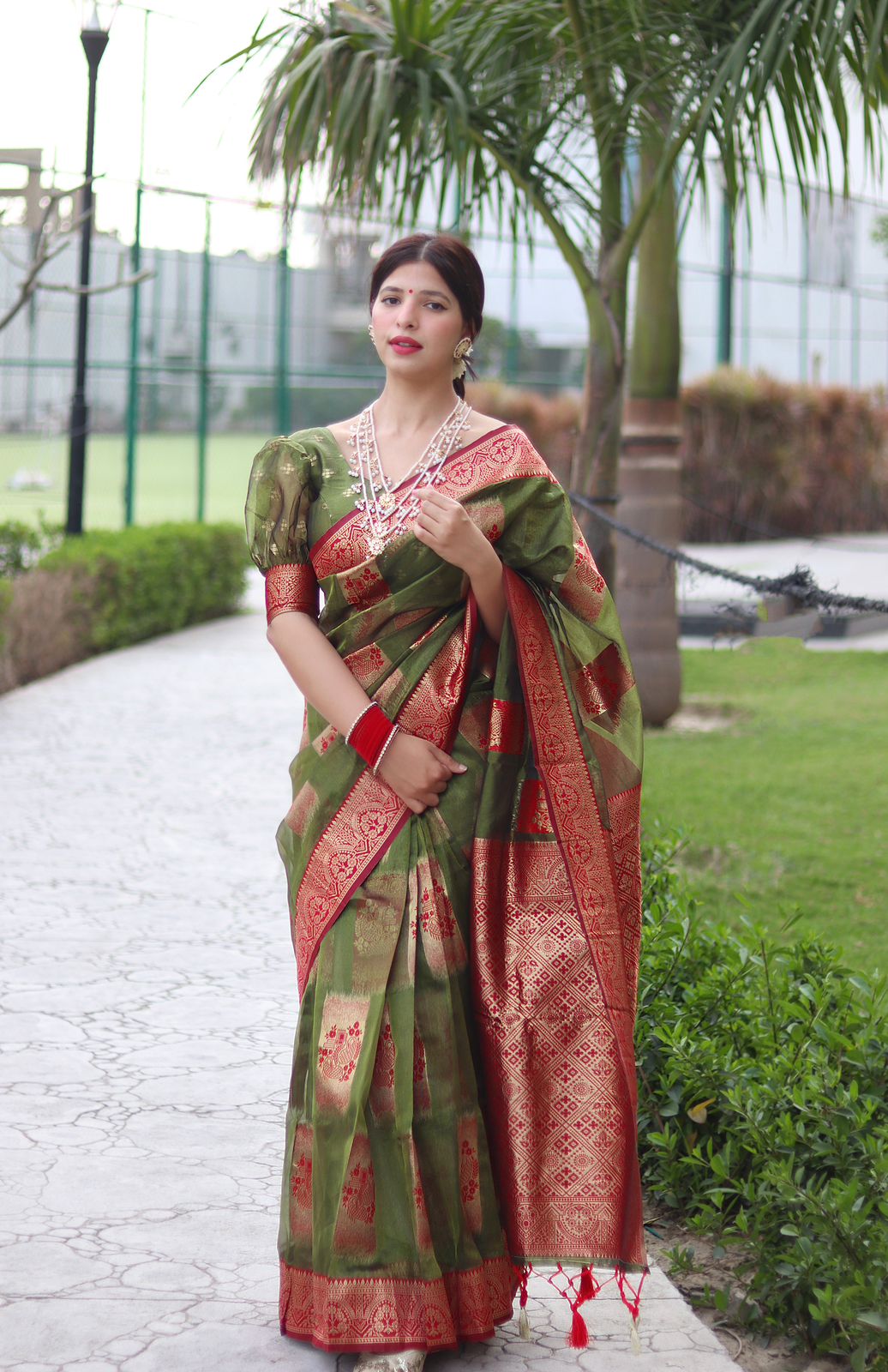 Trendy Green Organza Silk Saree With Dazzling Blouse Piece - Colorful Saree