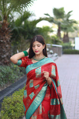 Elegant Red Organza Silk Saree With Dazzling Blouse Piece - Colorful Saree