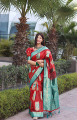 Elegant Red Organza Silk Saree With Dazzling Blouse Piece - Colorful Saree