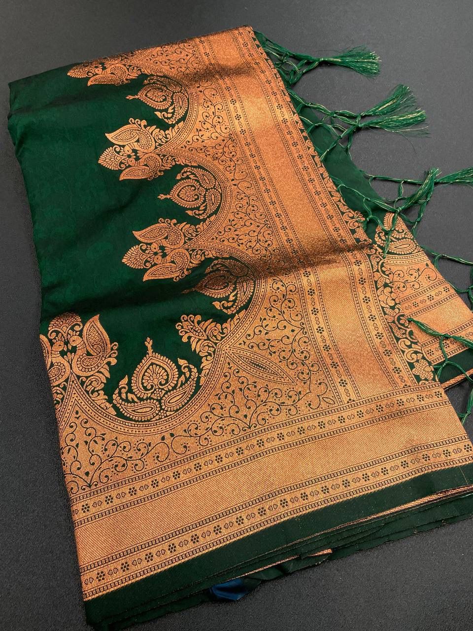 Innovative Dark Green Soft Banarasi Silk Saree With Snazzy Blouse Piece - Colorful Saree