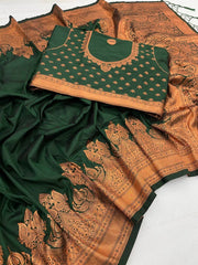 Innovative Dark Green Soft Banarasi Silk Saree With Snazzy Blouse Piece - Colorful Saree