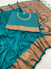 Elegant Firozi Soft Banarasi Silk Saree With Snazzy Blouse Piece - Colorful Saree