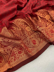 Flattering Maroon Soft Banarasi Silk Saree With Snazzy Blouse Piece - Colorful Saree