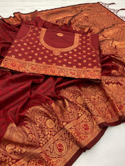 Flattering Maroon Soft Banarasi Silk Saree With Snazzy Blouse Piece - Colorful Saree