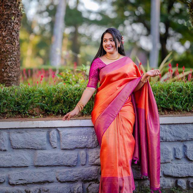 Refreshing Orange Soft Kanjivaram Silk Saree With Beautiful Blouse Piece - Colorful Saree