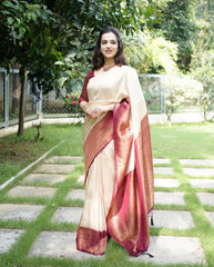 Murmurous Beige Soft Banarasi Silk Saree With Nemesis Blouse Piece - Colorful Saree