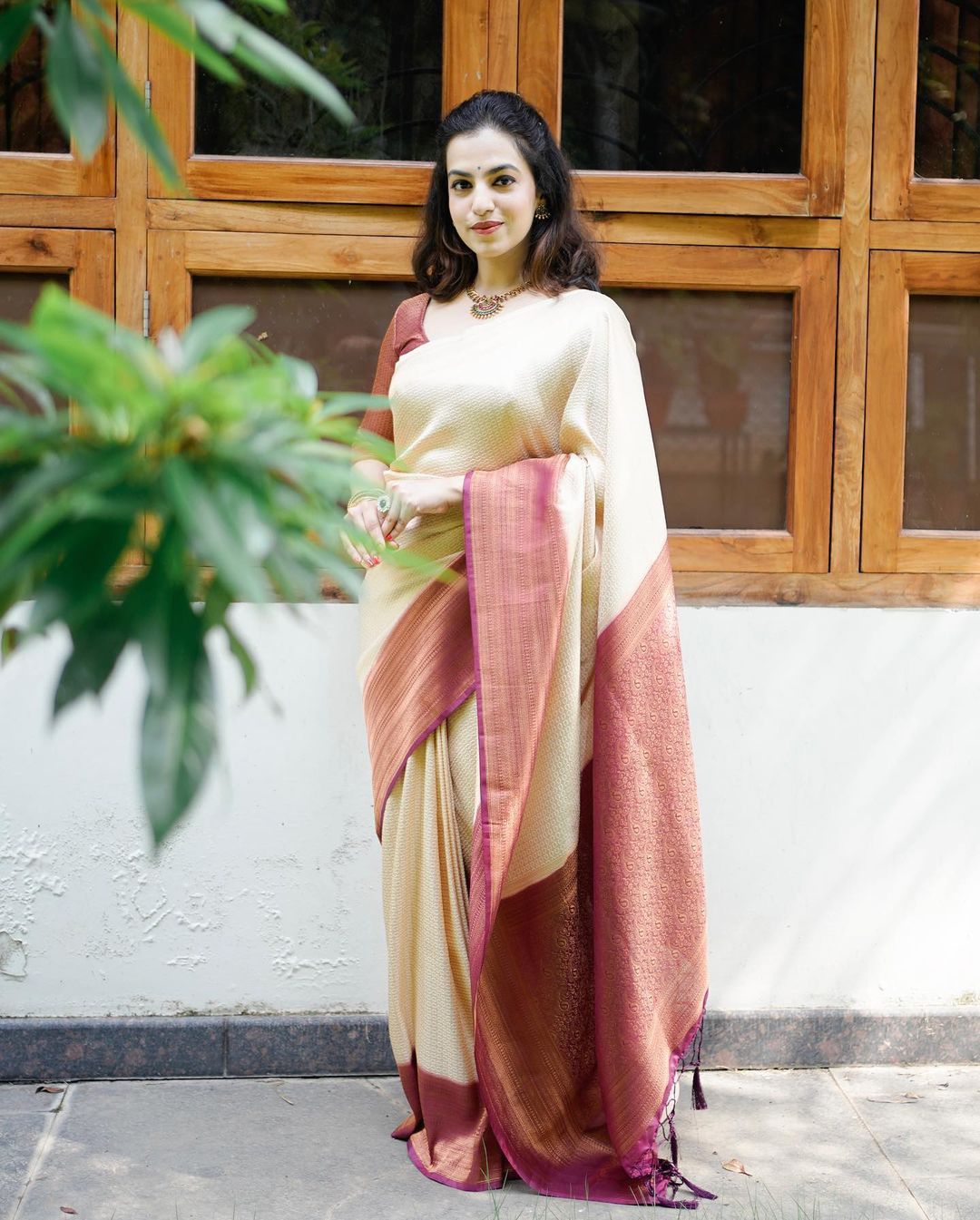 Murmurous Beige Soft Banarasi Silk Saree With Nemesis Blouse Piece - Colorful Saree