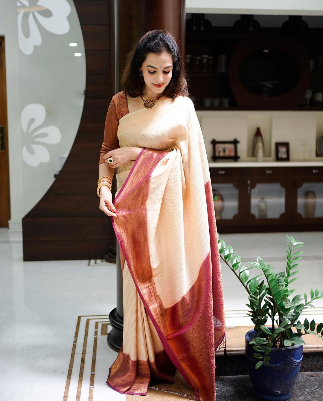 Murmurous Beige Soft Banarasi Silk Saree With Nemesis Blouse Piece - Colorful Saree