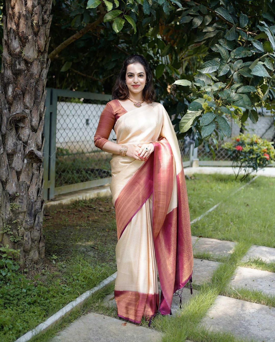 Murmurous Beige Soft Banarasi Silk Saree With Nemesis Blouse Piece - Colorful Saree