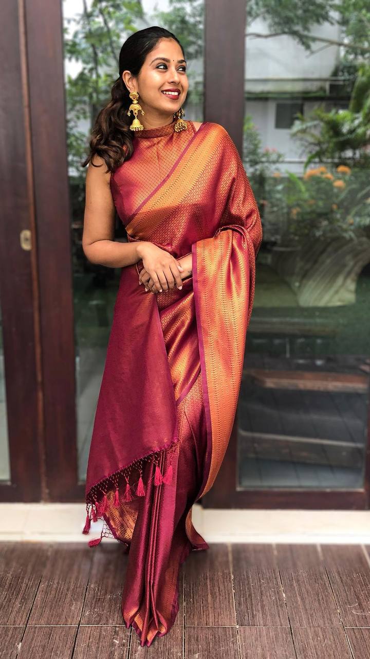 Exuberant Wine Soft Banarasi Silk Saree With Magnificat Blouse Piece - Colorful Saree