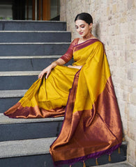 Lissome Golden Soft Kanjivaram Silk Saree With Moiety Blouse Piece - Colorful Saree