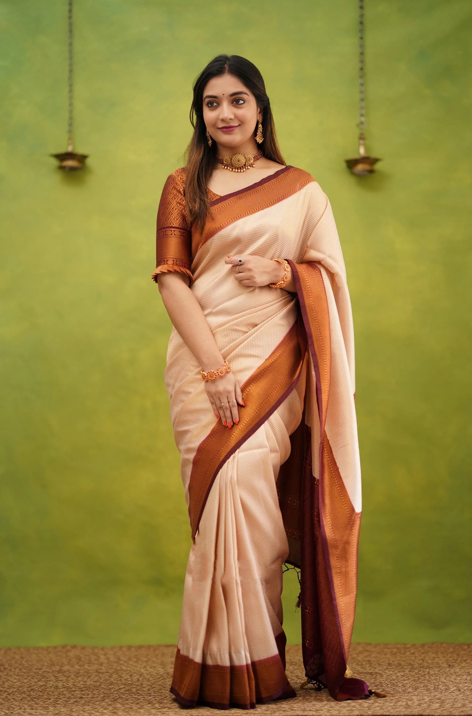 Elision Beige Soft Banarasi Silk Saree With Eloquence Blouse Piece - Colorful Saree