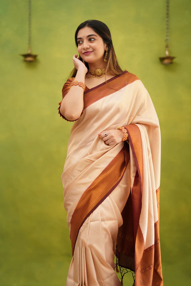 Elision Beige Soft Banarasi Silk Saree With Eloquence Blouse Piece - Colorful Saree