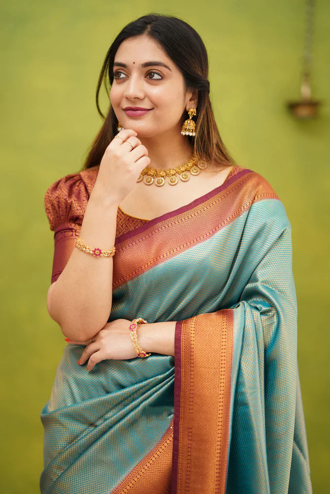 Embrocation Firozi Soft Banarasi Silk Saree With Ephemeral Blouse Piece - Colorful Saree