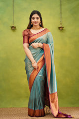 Embrocation Firozi Soft Banarasi Silk Saree With Ephemeral Blouse Piece - Colorful Saree
