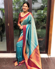 Stunning Firozi Soft Banarasi Silk Saree With Innovative Blouse Piece - Colorful Saree