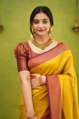 Demesne Golden Soft Kanjivaram Silk Saree With Desuetude Blouse Piece - Colorful Saree