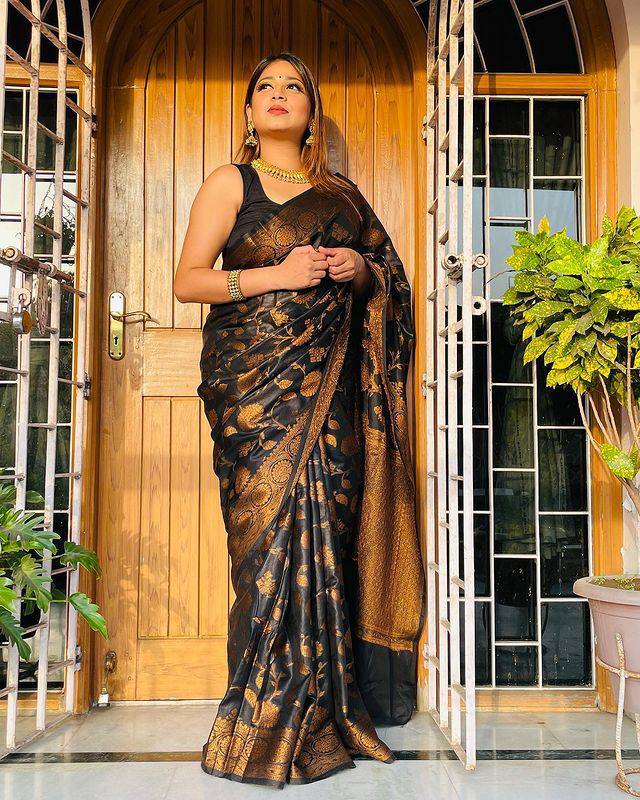 Girlish Black Soft Banarsi Silk Saree With Designer Blouse Piece - Colorful Saree
