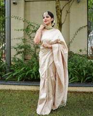 Classy Beige Soft Banarasi Silk Saree With Scrumptious Blouse Piece - Colorful Saree