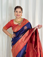 Panoply Navy Blue Soft Banarasi Silk Saree With Moiety Blouse Piece - Colorful Saree