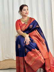 Panoply Navy Blue Soft Banarasi Silk Saree With Moiety Blouse Piece - Colorful Saree