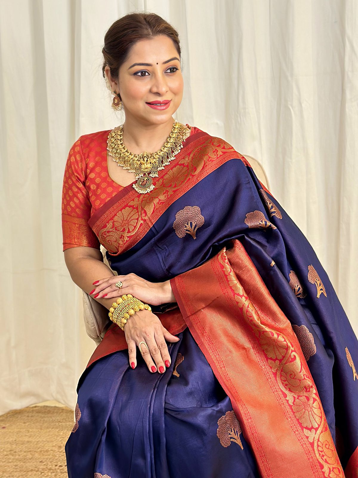 Panoply Navy Blue Soft Banarasi Silk Saree With Moiety Blouse Piece - Colorful Saree