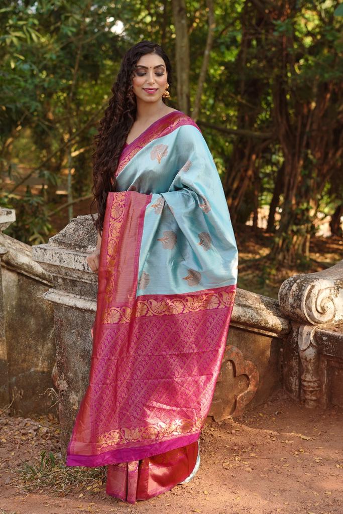 Glowing Sky Soft Banarasi Silk Saree With Girlish Blouse Piece - Colorful Saree