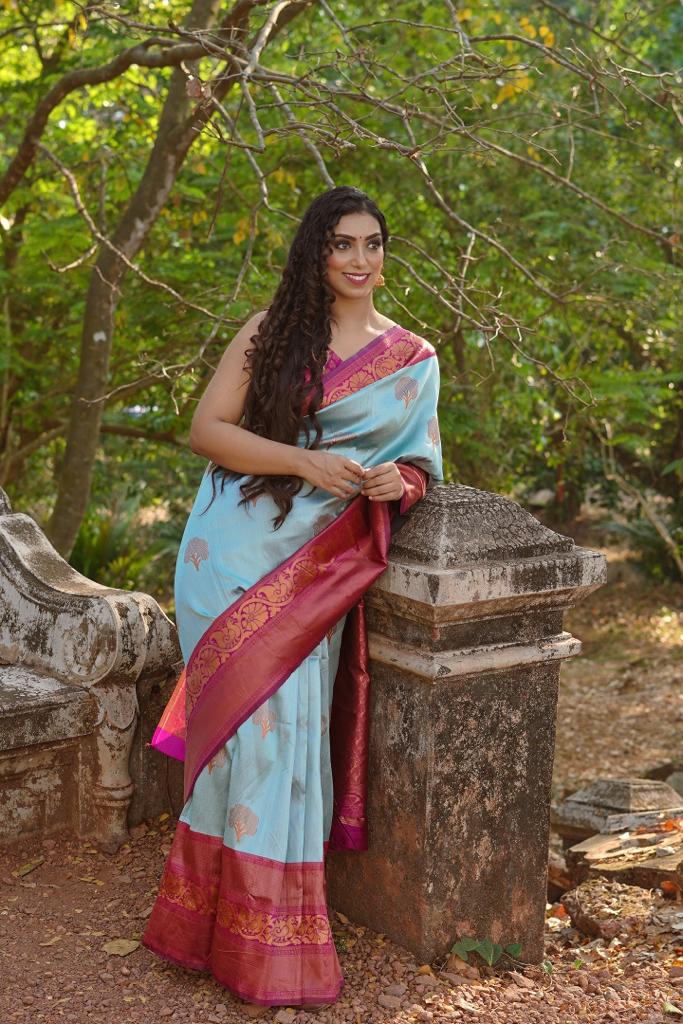 Glowing Sky Soft Banarasi Silk Saree With Girlish Blouse Piece - Colorful Saree