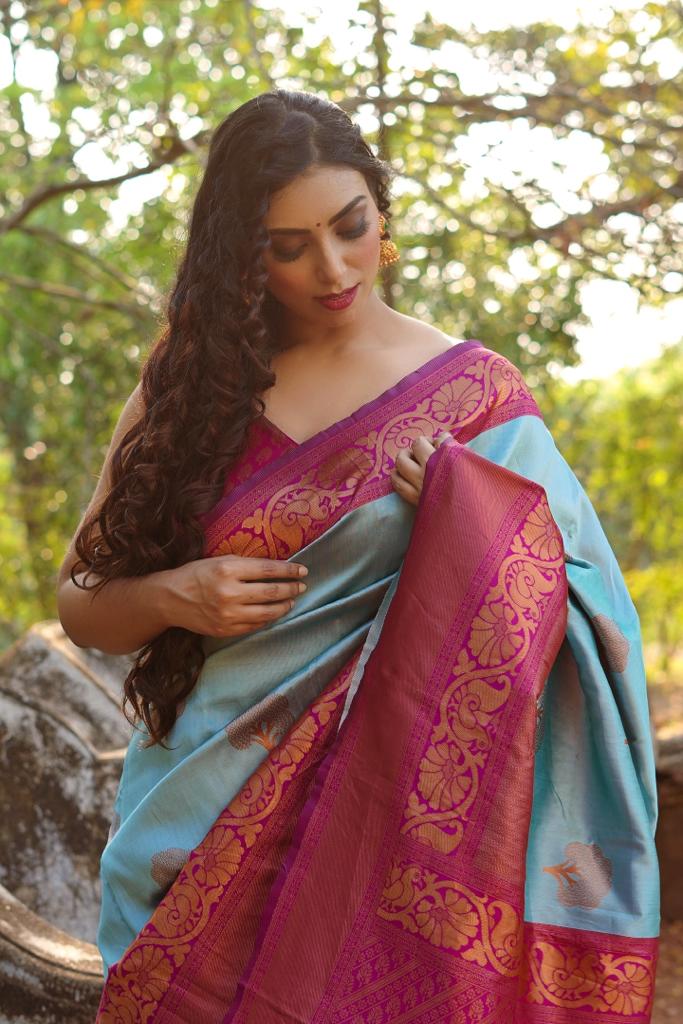 Glowing Sky Soft Banarasi Silk Saree With Girlish Blouse Piece - Colorful Saree