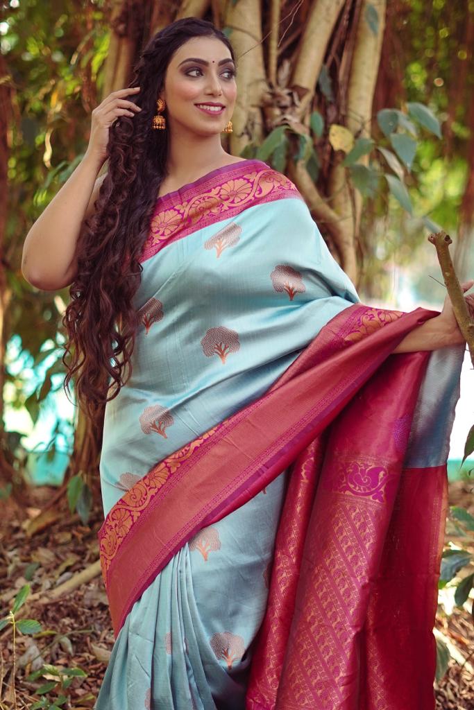 Glowing Sky Soft Banarasi Silk Saree With Girlish Blouse Piece - Colorful Saree