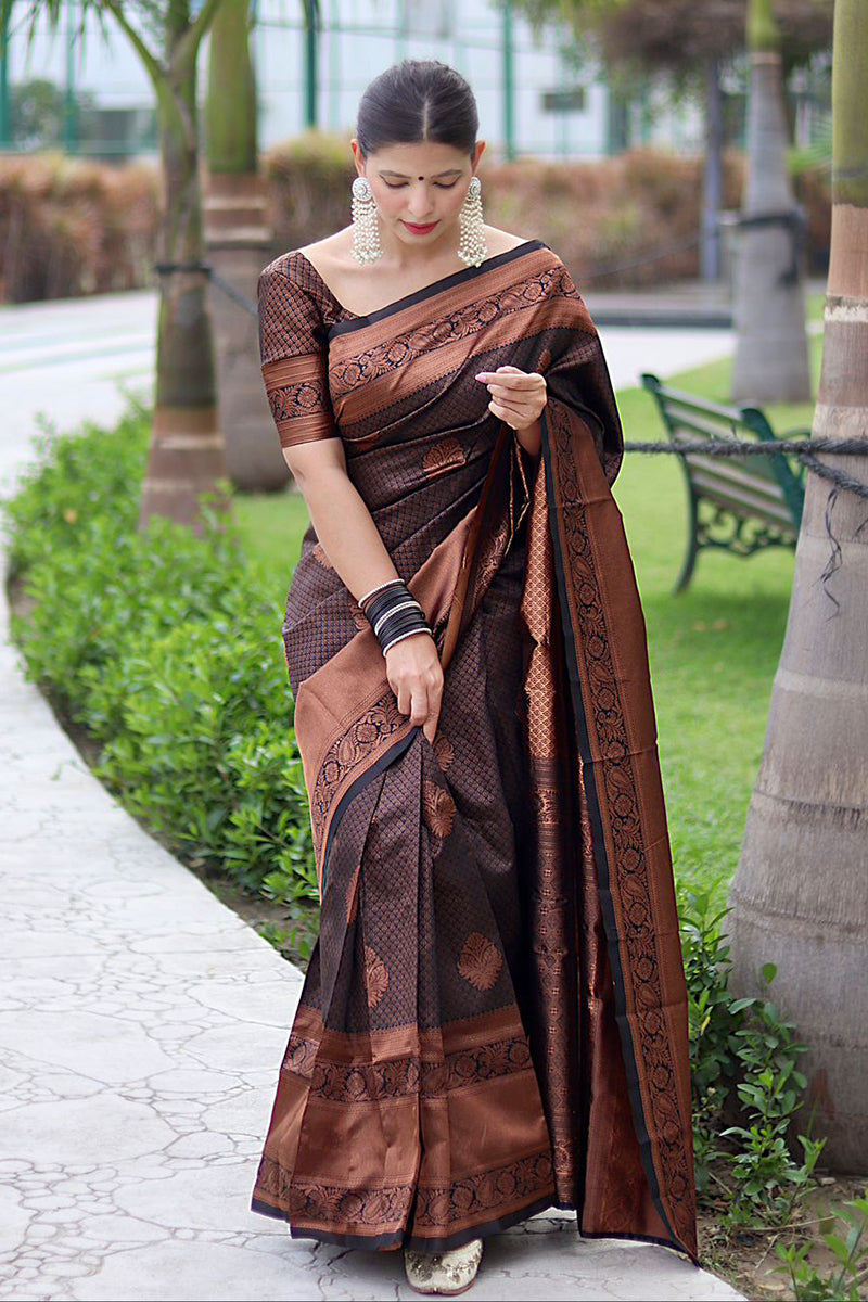 Fantabulous Black Soft Banarasi Silk Saree With Energetic Blouse Piece - Colorful Saree