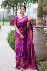 Tremendous Purple Soft Banarasi Silk Saree With Sizzling Blouse Piece - Colorful Saree