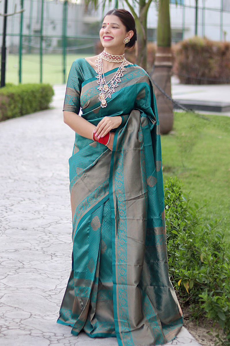 Luxuriant Rama Soft Banarasi Silk Saree With Alluring Blouse Piece - Colorful Saree