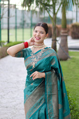 Luxuriant Rama Soft Banarasi Silk Saree With Alluring Blouse Piece - Colorful Saree