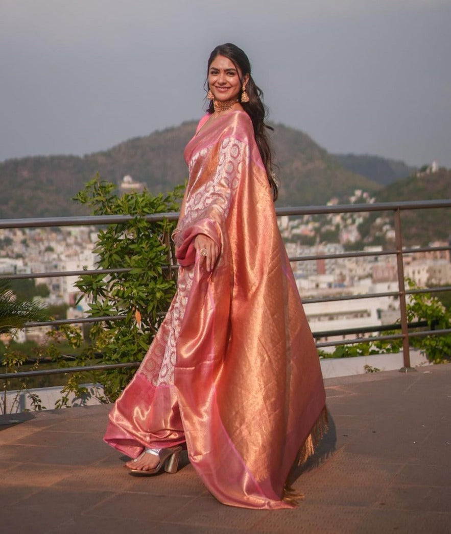 Denouement Pink Soft Banarasi Silk Saree With Impressive Blouse Piece - Colorful Saree