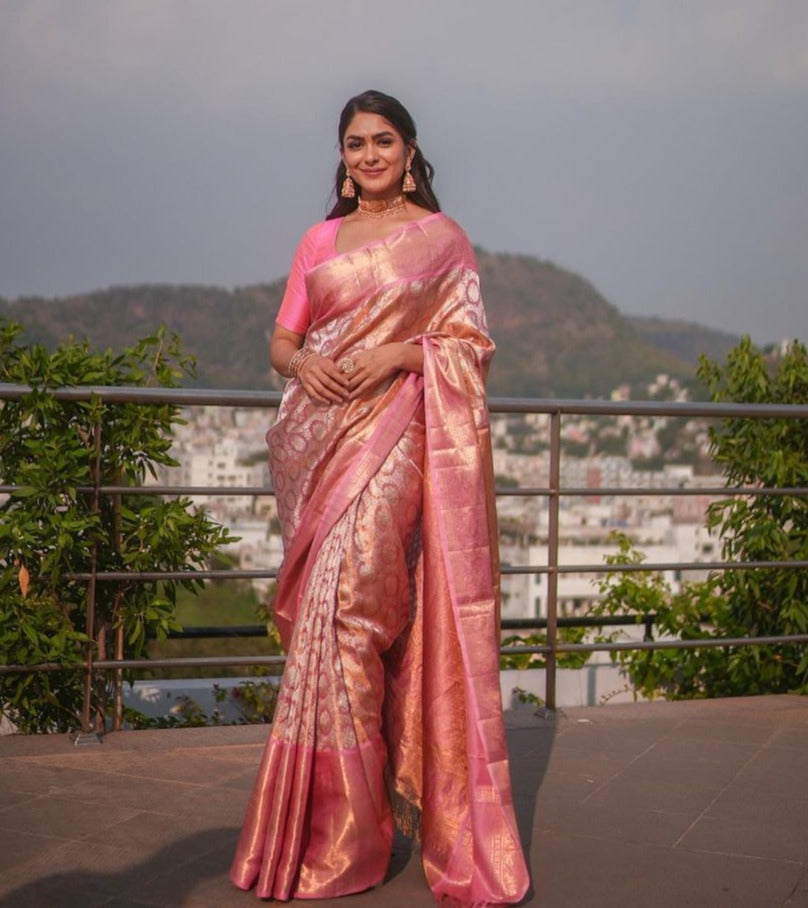 Denouement Pink Soft Banarasi Silk Saree With Impressive Blouse Piece - Colorful Saree