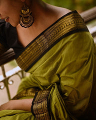 Glittering Mehndi Soft Banarasi Silk Saree With Unequalled Blouse Piece - Colorful Saree