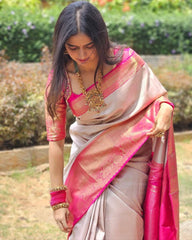 Outstanding Beige Soft Banarasi Silk Saree With Alluring Blouse Piece - Colorful Saree