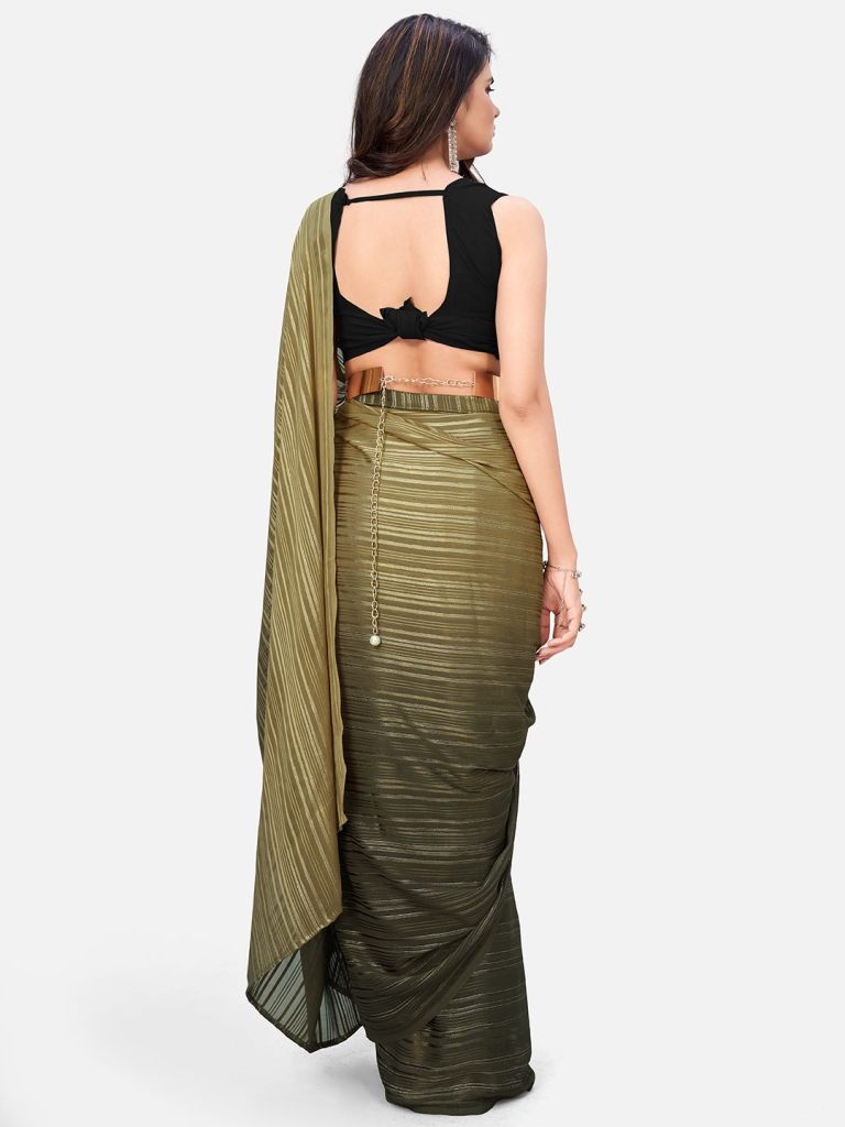 Amazeballs Olive Green Ready to Wear Saree With Metal Belt - Colorful Saree