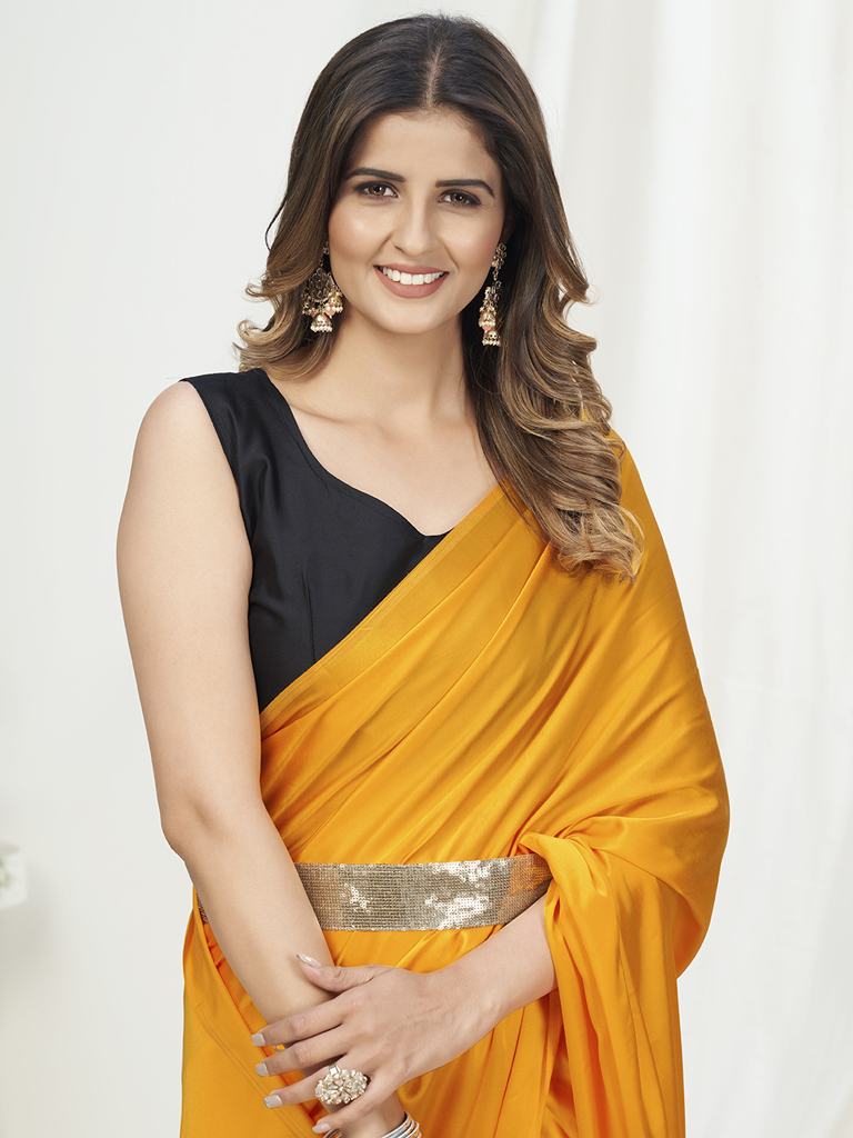 Apricot Orange Ready to Wear One Minute Saree In Satin Silk - Colorful Saree