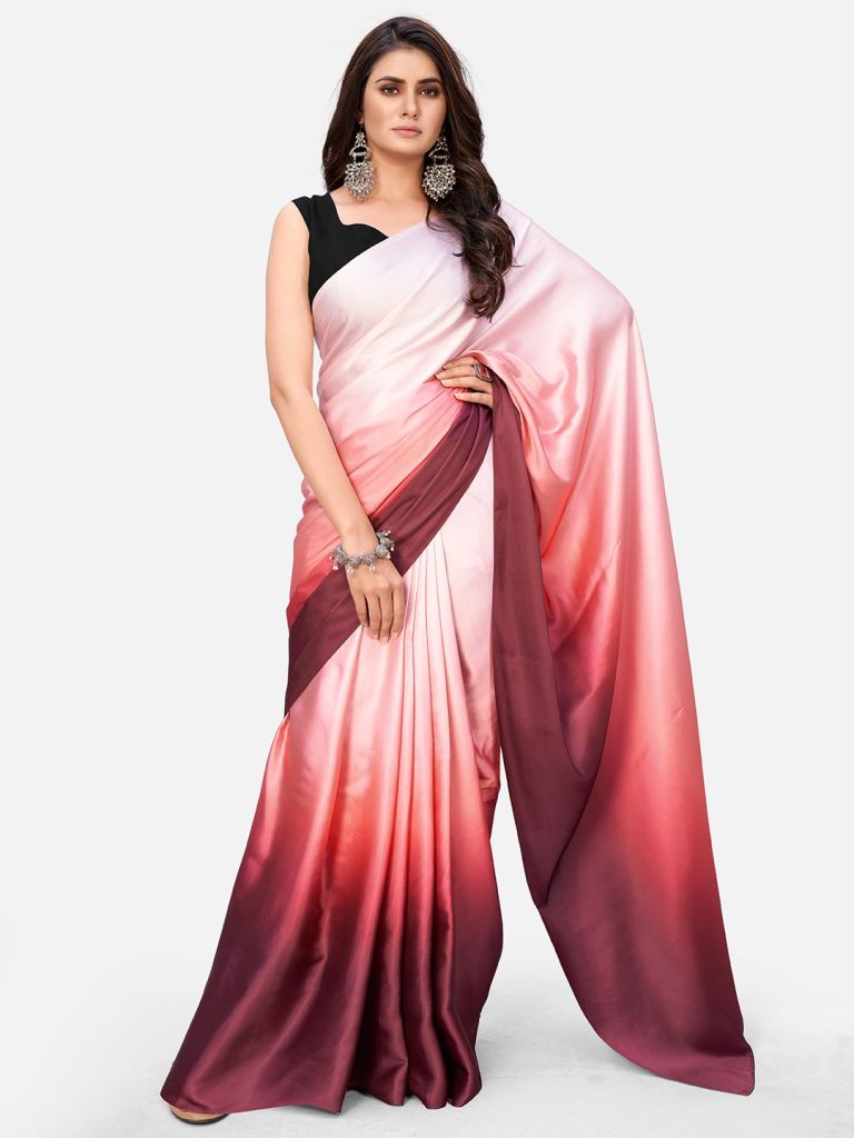 Awesome Pink and Burgundy Satin Ready to wear Saree - Colorful Saree