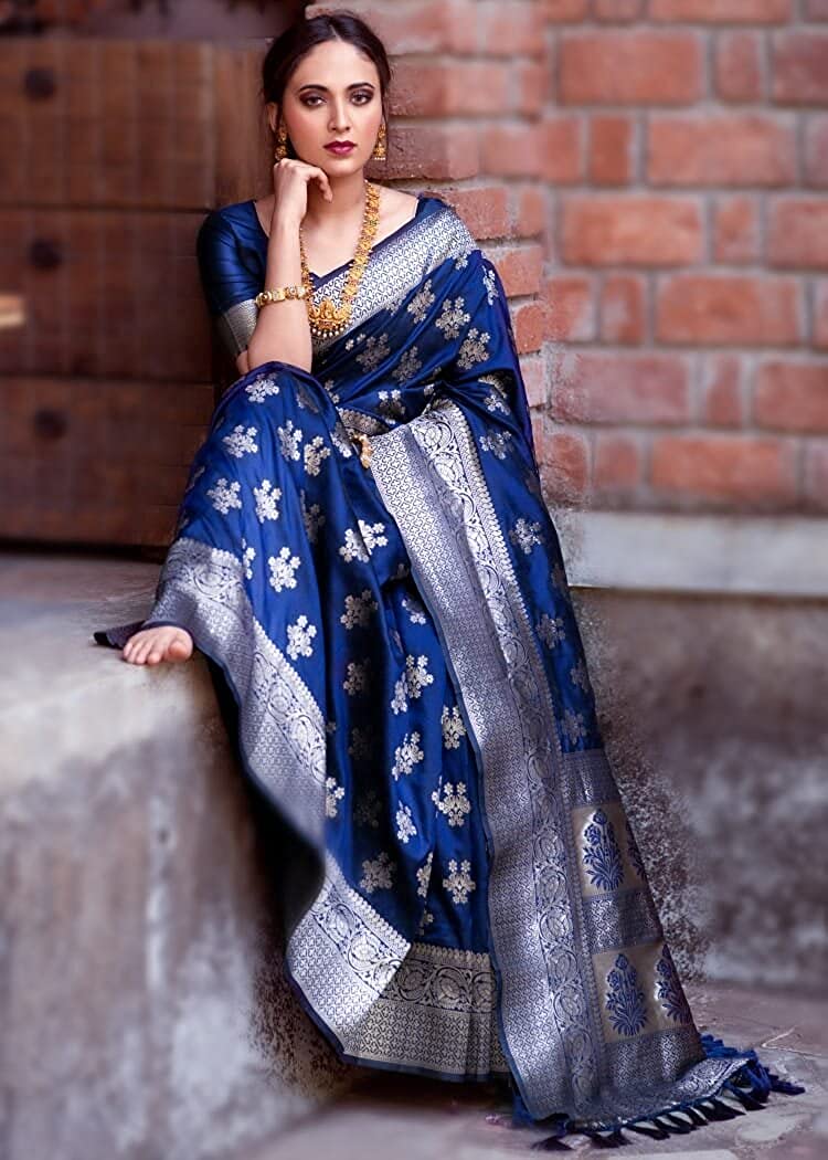Marvelous Navy Blue Pure Banarasi Silk Saree with Magnetic Blouse Piece - Colorful Saree