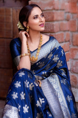 Marvelous Navy Blue Pure Banarasi Silk Saree with Magnetic Blouse Piece - Colorful Saree