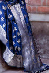 Marvelous Navy Blue Pure Banarasi Silk Saree with Magnetic Blouse Piece - Colorful Saree