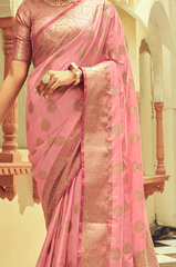 Incredible Pink Soft Banarasi Silk Saree With Hypnotic Blouse Piece - Colorful Saree