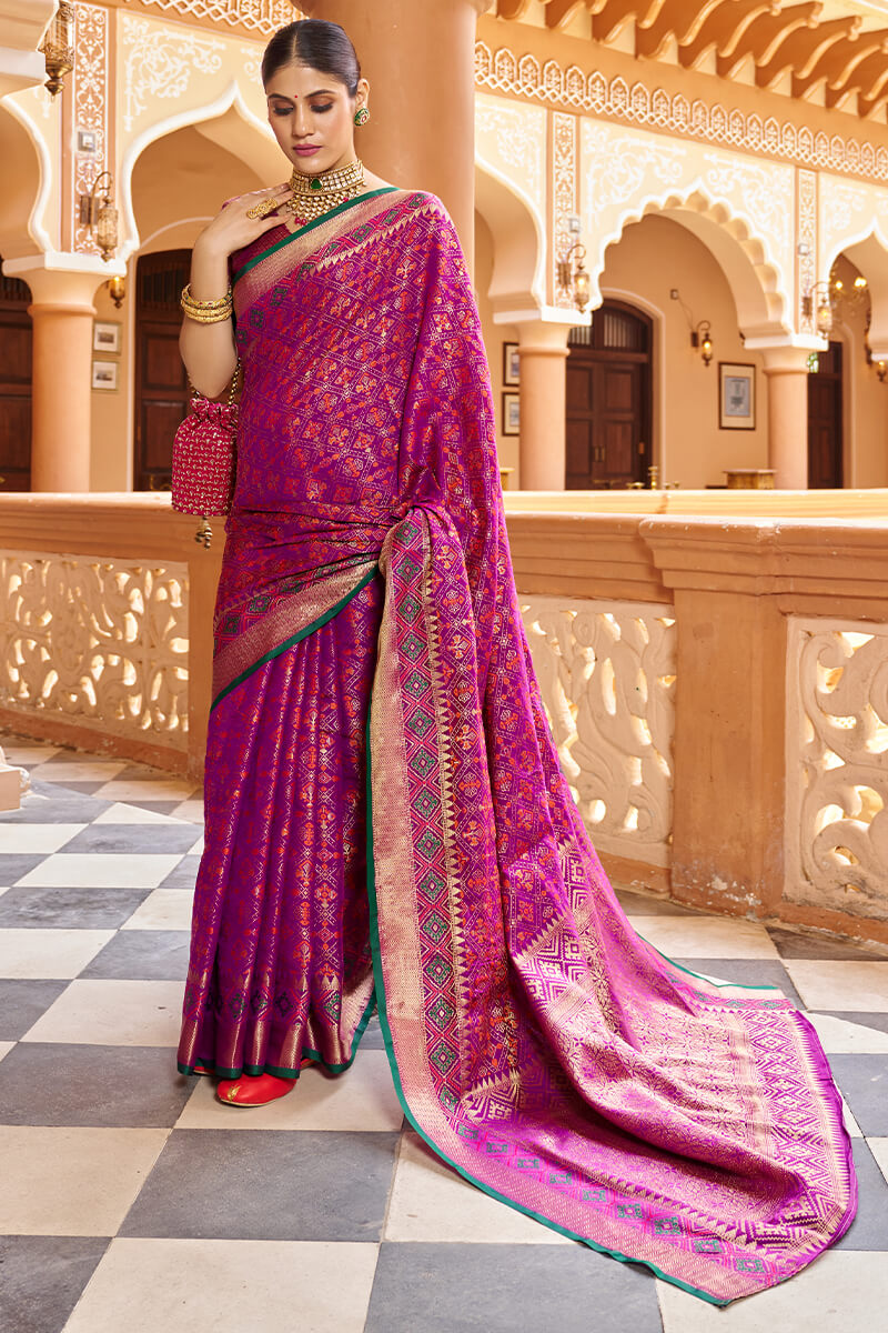 Quintessential Purple Soft Patola Silk Saree With Gossamer Blouse Piece - Colorful Saree