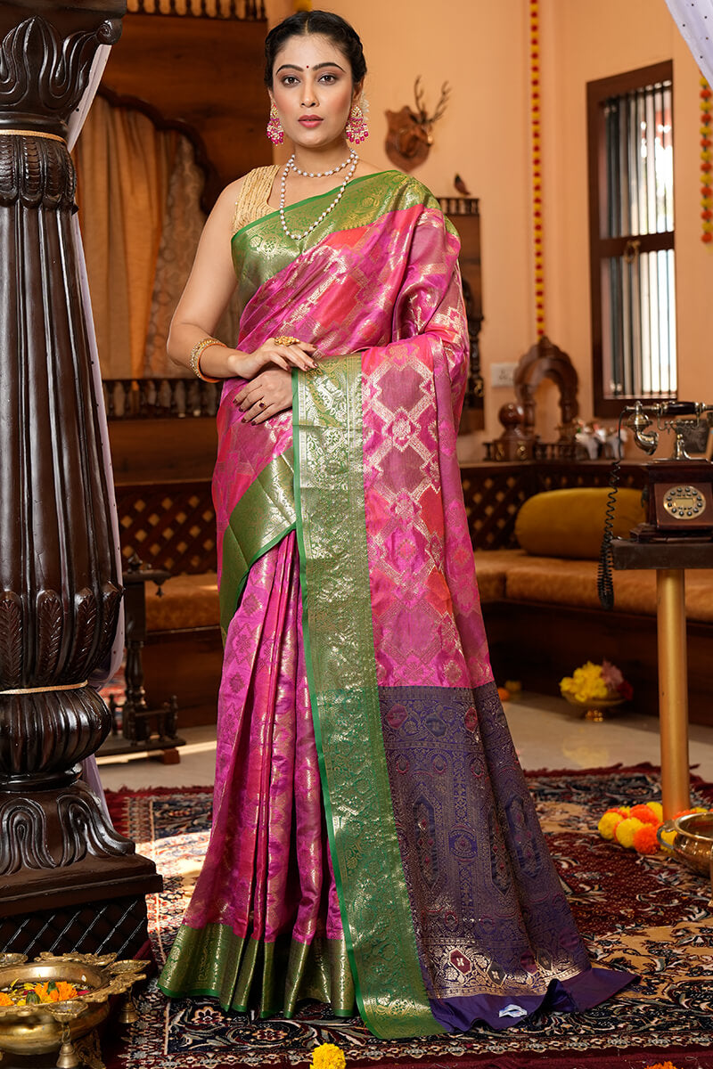 Elegant Dark Pink Organza Silk Saree With Precious Blouse Piece - Colorful Saree