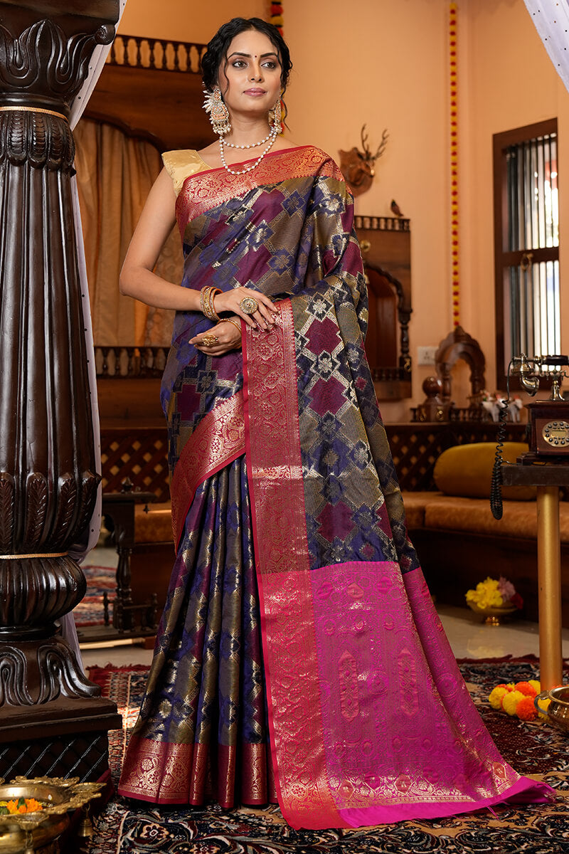 Gorgeous Navy Blue Organza Silk Saree With Wonderful Amazing Piece - Colorful Saree