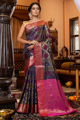 Gorgeous Navy Blue Organza Silk Saree With Wonderful Amazing Piece - Colorful Saree