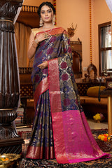 Gorgeous Navy Blue Organza Silk Saree With Wonderful Amazing Piece - Colorful Saree